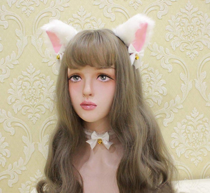 Fxaelian Animal Faux Fur Fox Cat Dog Ears Headband Halloween Cosplay Costume Party Headbands for Women Men Adult with Bell White - Image 5